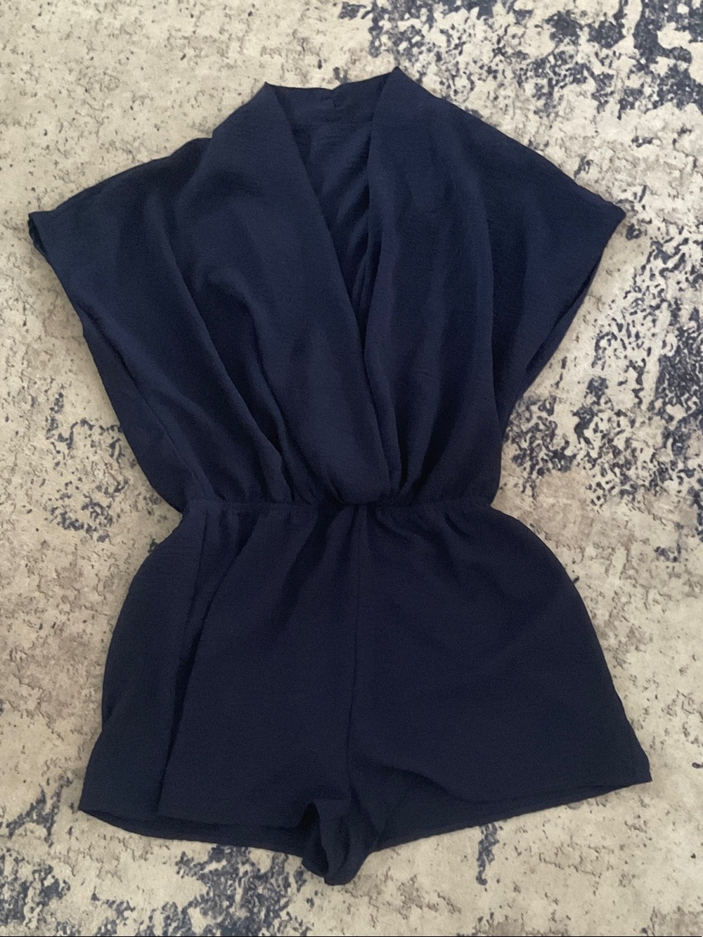 Women's Navy V-Neck Short Romper with Elastic Waist